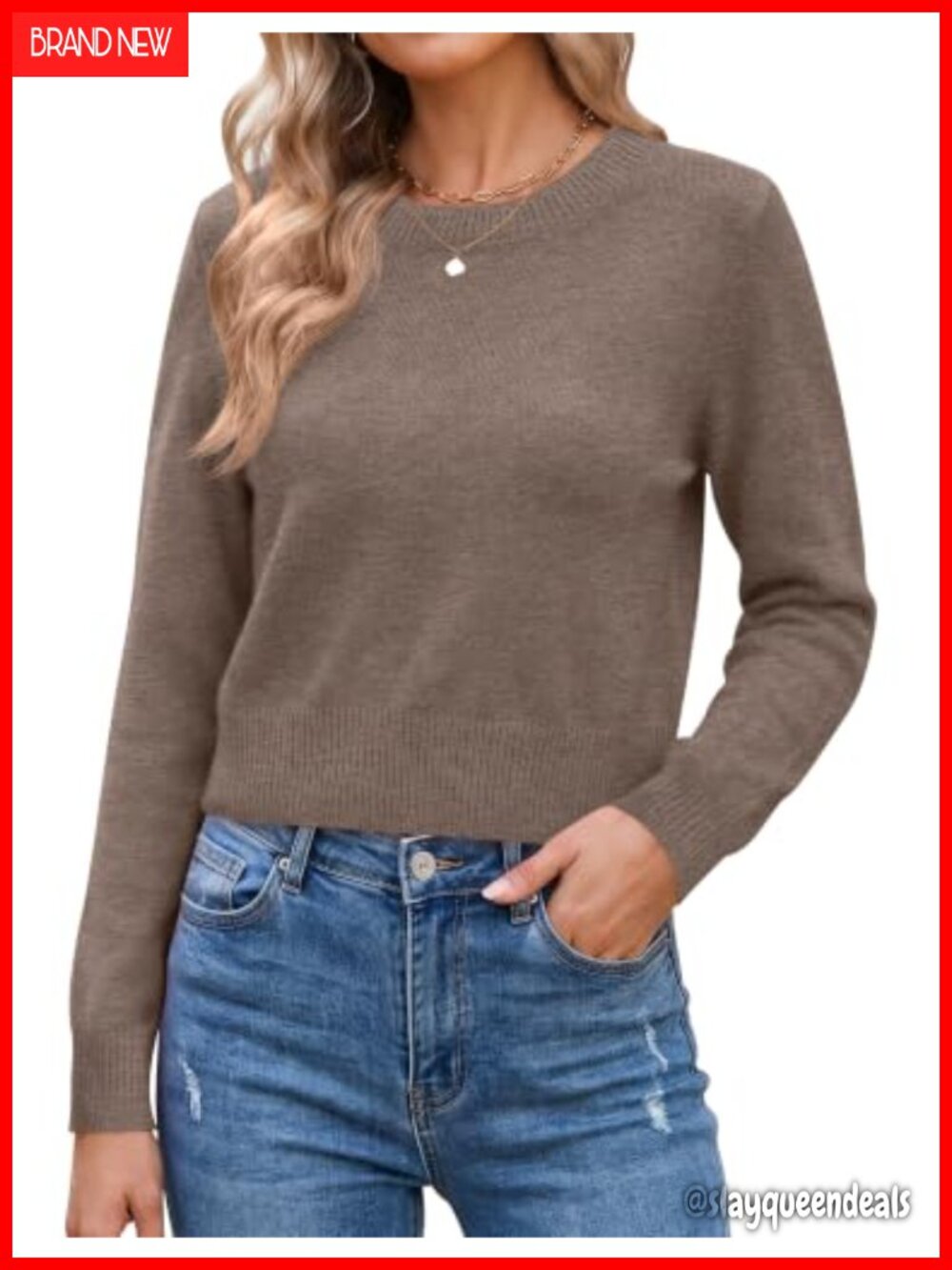Cropped Crewneck Sweater Long Sleeve Knit Pullover Top